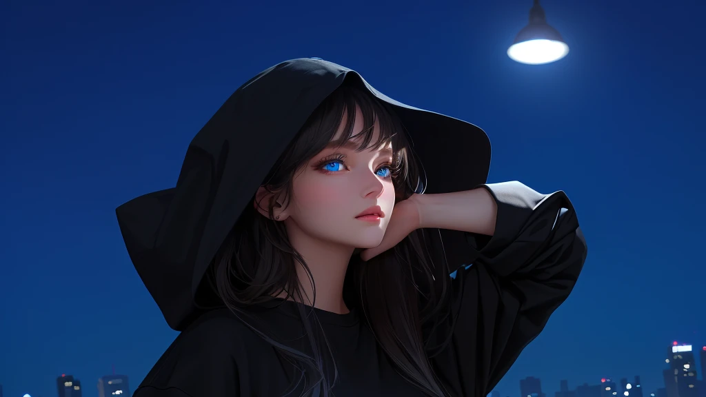 ultra-detailed, beautiful eyes, detailed eyes, detailed face, ultra-detailed, beautiful eyes, A woman with beautiful blue eyes, looking at us against the backdrop of a lonely night cityscape,, dressed in black casual, loose-fitting clothes, Composition like a scene from a movie, master piece, best quality, high resolution, 16k