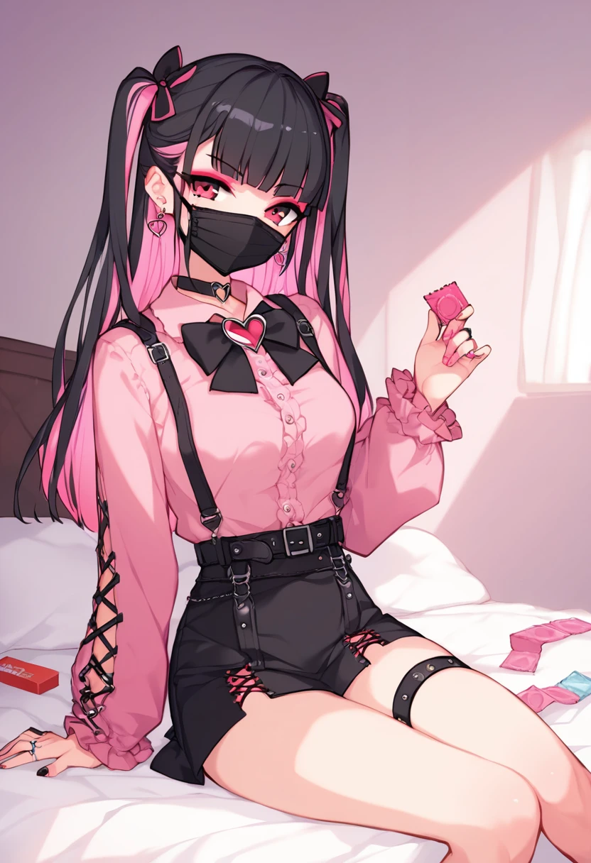 score_9, score_8_up, score_7_up, masterpiece, best quality, ultra-detailed, looking at viewer, ((faint light:1.2)), sit, wariza, on bed, (hotel room, love hotel, pink wall, pink bed sheet), (condom box, okamoto condoms 0.01), holding condom, (pink smartphone), BREAK 1girl, solo, (black hair, pink hair, two-tone hair, multicolored hair), long hair, two side up, black hair bow, red eyes, red eyeshadow under eye, pink cheek, jirai kei, yami_kawaii, (cross-laced clothes, pink shirt, long sleeves, frilled sleeves), frill, black bowtie, black skirt, black suspenders, heart brooch, heart earrings, ring, (multicolored nails, nail polish, pink nails, black nails), (mouth mask, black mouth mask), black belt, o-ring thigh strap, black choker, smirk