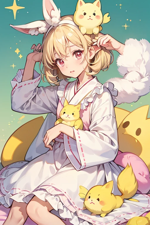 Watawatatchi has light yellow skin, pink cheeks, and small dark eyes. She wears a white cotton dress and doesn't have visible legs. Her Tama Pet sits on her head, which is white and fluffy with small dark eyes and a yellow beak, as well as two long arms which look like they are Watawatachi's ears. SPARKLE; GLITTER