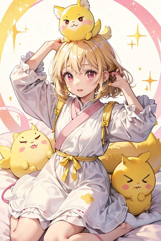 Watawatatchi has light yellow skin, pink cheeks, and small dark eyes. She wears a white cotton dress and doesn't have visible legs. Her Tama Pet sits on her head, which is white and fluffy with small dark eyes and a yellow beak, as well as two long arms which look like they are Watawatachi's ears. SPARKLE; GLITTER