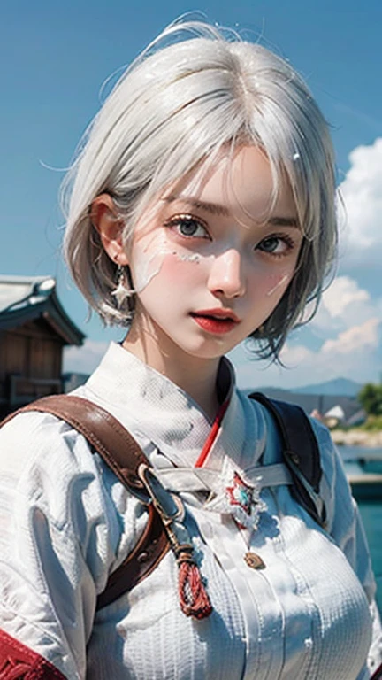 (Highest quality, masterpiece:1.3), shape, ((Beautifully detailed face)), Beautiful and detailed skin, Intricate details, Very detailed, Best image quality in 8K,Fantasy,A world of swords and magic,ファイナルFantasy,(White Mage:1.5), (18-year-old female:) (Large Breasts:1.2),Japanese girl,Baby Face,(Detailed Hair,Bobcut:1.6,Platinum Blonde Hair,Gray Hair),Detailed lips,Open your mouth,blush,Embarrassing,(Long Shot), Realistic Face,Realistic Skin,(Vibrant Skin,Moisturized Skin:1.2),Vivid lips,Lip gloss