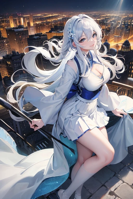 Official Art, masterpiece, Clear focus, (Beautiful, gorgeous and lovely Korean women:1.3), (Beautiful and cute Korean:1.3), Korean beauty, Exquisite and beautiful hair、Eyes and face, Practical, Super detailed, beautiful girl, Blue sky, 夜光White颗粒, (Side Light:1.2), Sunlight, White Cloud, Detailed Cloud, thin and long, Cute big boobs and big ass, grin, ((Smile with your eyes, Open your eyes)), landscape, long, Straight Hair, sexy facial expression, architecture, (city View:1.7), Dynamic Hair, long, Straight Hair, delicate white hair, glowing blue eyes, (blue pleated shirt + White Skirt), White, Pale skin, Hair accessories, epic landscape,Nice little ass,Beautiful buttocks ,White高跟鞋,The skirt was lifted
