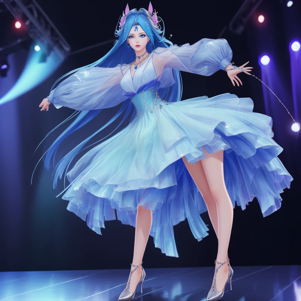 8k,highres,absurdres,masterpiece,best quality,original,extremely detailed CG,extremely detailed wallpaper,perfect lighting,1girl,solo,blurry_background,looking_at_viewer,standing on the stage,
WZRYdiaochanHQG,blue hair,dress,bare legs,long hair,blue eyes,hair ornament,jewelry,high heels,necklace,puffy long sleeves,