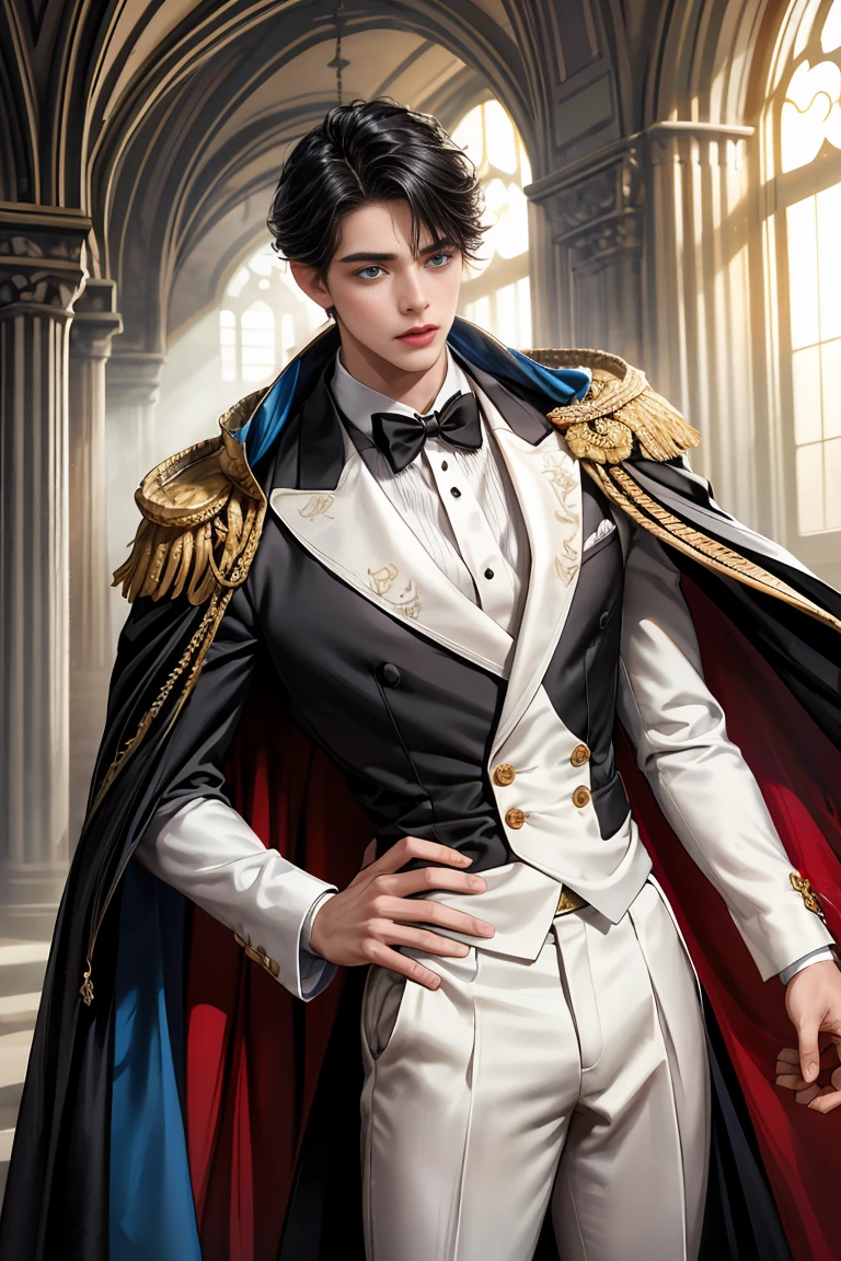 masterpiece, 最high quality, high quality, 1 boy, alone, Male focus, Watching the audience, Messy black hair, Adorable big blue eyes, White people, Noble, Noble,Sexy voluminous cape、Tuxedo、A very voluminous, large, very large, very large, long, long red and black cape with a high stand-up collar, reaching down to the floor, made of a lot of fabric., ,Cute beautiful boys,Cute, cute, kind, handsome guy