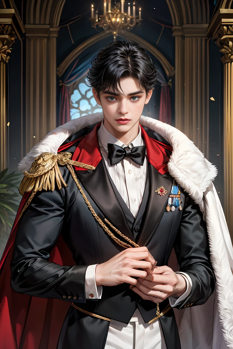 
masterpiece, 最high quality, high quality, 1 boy, alone, Male focus, Watching the audience,  Messy black hair, Adorable big blue eyes, White people, Noble, Noble,Sexy voluminous cape、Tuxedo、A very voluminous, large, very large, very large, long, long red and black cape with a high stand-up collar, reaching down to the floor, made of a lot of fabric., ,Cute beautiful boys,Cute, cute, kind, handsome guy