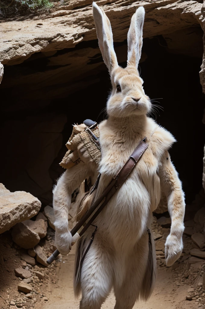 an anthropomorphic rabbit dressed like a caveman carrying a spear standing in front of a cave entrance, masterpiece, best, photo realistic