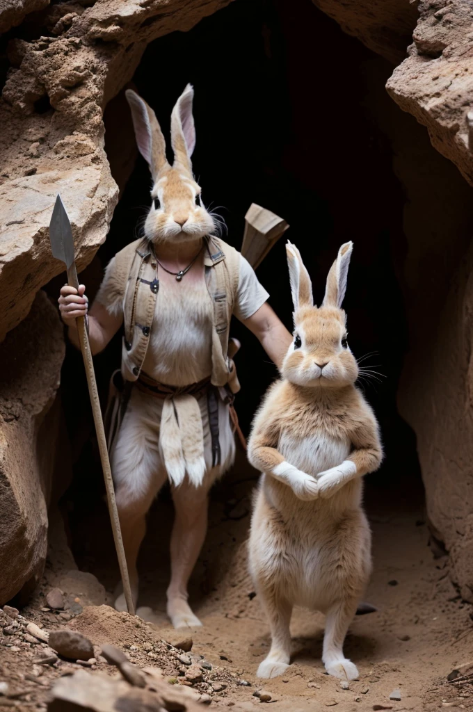 an anthropomorphic rabbit dressed like a caveman carrying a spear standing in front of a cave entrance, masterpiece, best, photo realistic