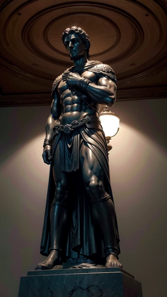 estatua grega de um guerreiro numa pegada meio dark