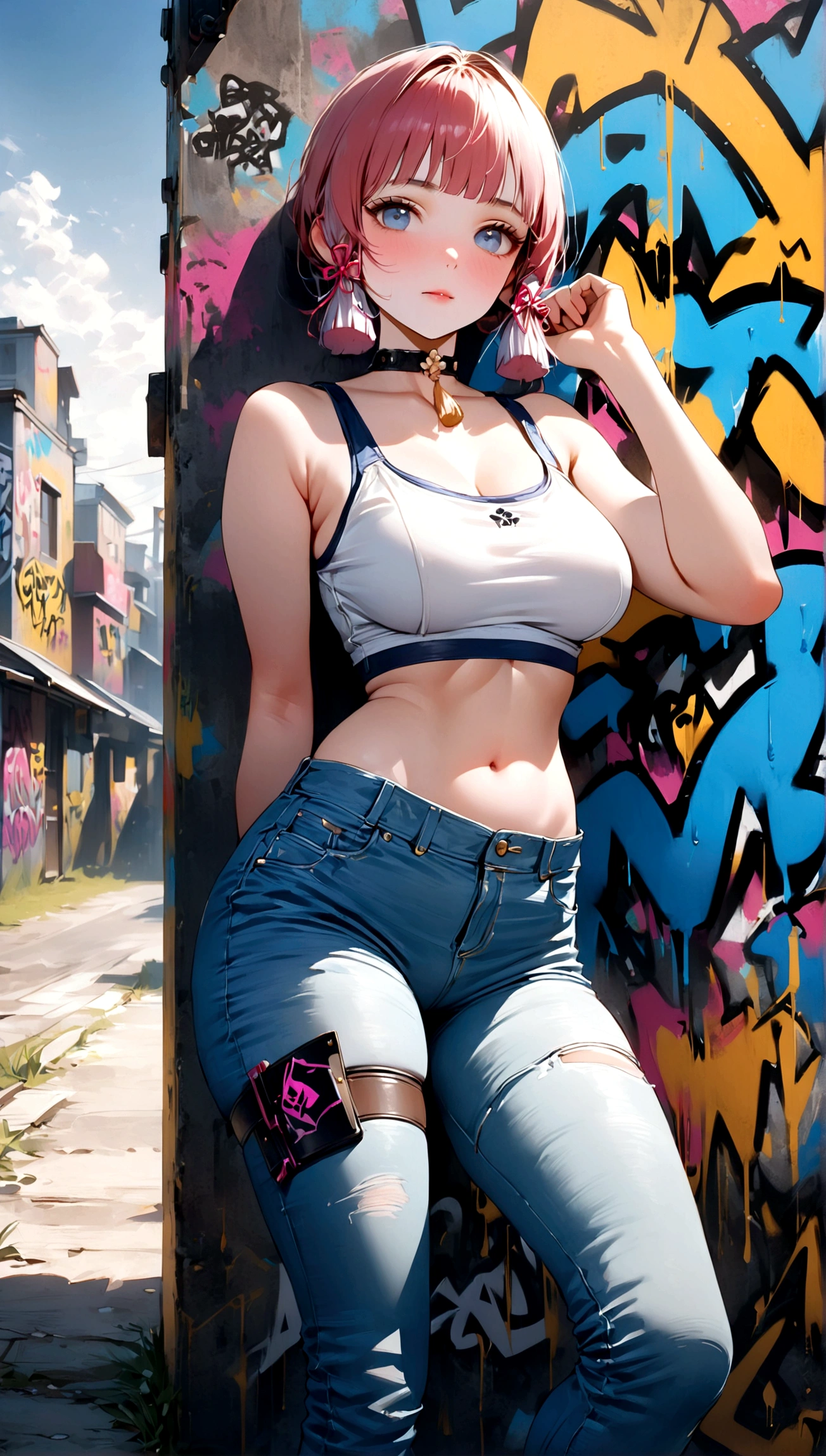 kamisato ayaka|genshin impact, master-piece, bestquality, 1girls,30 years old, proportional body, Big legs, Beautiful, proportional., crop top, Long Jeans, mediuml breasts, ,bara, crop top, choker, (Graffiti:1.5), Splash with purple lightning pattern., arm behind back, against wall, View viewers from the front., Thigh strap, Head tilt, bored,(NSTDA.:1.2), (10, beste-Qualit, master-piece: 1.4), Beautiful red hair, ultra-high resolution, (lifelike, photorealistic portrait: 1.48), (Looking Through Crop Tops.), Famous Japanese actors, beautiful clear eyes, Head tilt, cowboy shot, from the front, looking at the audience, expressionless, Beautiful lake, Zeiss 150mm F/ 2.8 Hasselblad, Whole body, foot, Ultra-Wide Angle,