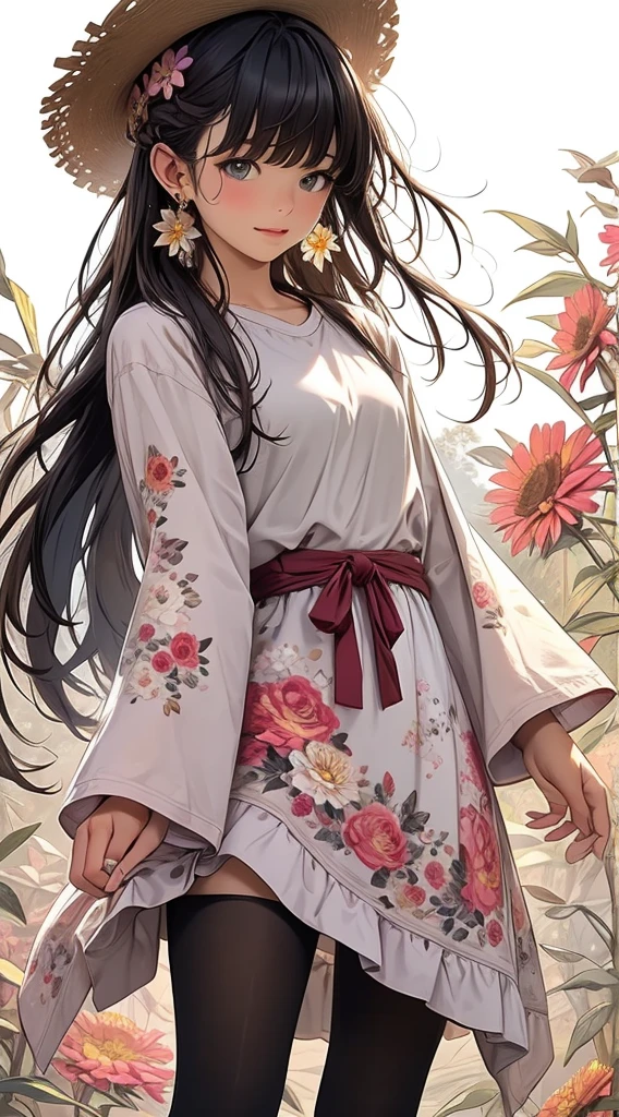 cute、Perfect Anatomy、Picturesque、sketch、texture、alone、Very detailed、(Fractal Art:1.1)、(Gentle colors:1.1)、(Floral:1.6)、Most detailed、(Tangled:1.2)、(Dynamic pose)、(Abstract background:1.3)、(Glowing Skin)、(Many colors:0.8)、、(Earrings:1.4)、(feather:0.9)、Taisho romance,(masterpiece、Highest quality、Highest quality、Official Art、beautifully、aesthetic:1.2)、18years old、Cute Style。An elegant and beautiful girl with long brown braided hair、She wears colorful striped tights under a straw hat decorated with flowers.。She has green eyes、Wearing a rainbow sweater。In the background、It depicts a magical garden filled with blooming sunflowers and daisies.。whole body、Delicate and high-quality art style、Cute and dreamy atmosphere、Soft lighting、Bright colors、Digital Painting