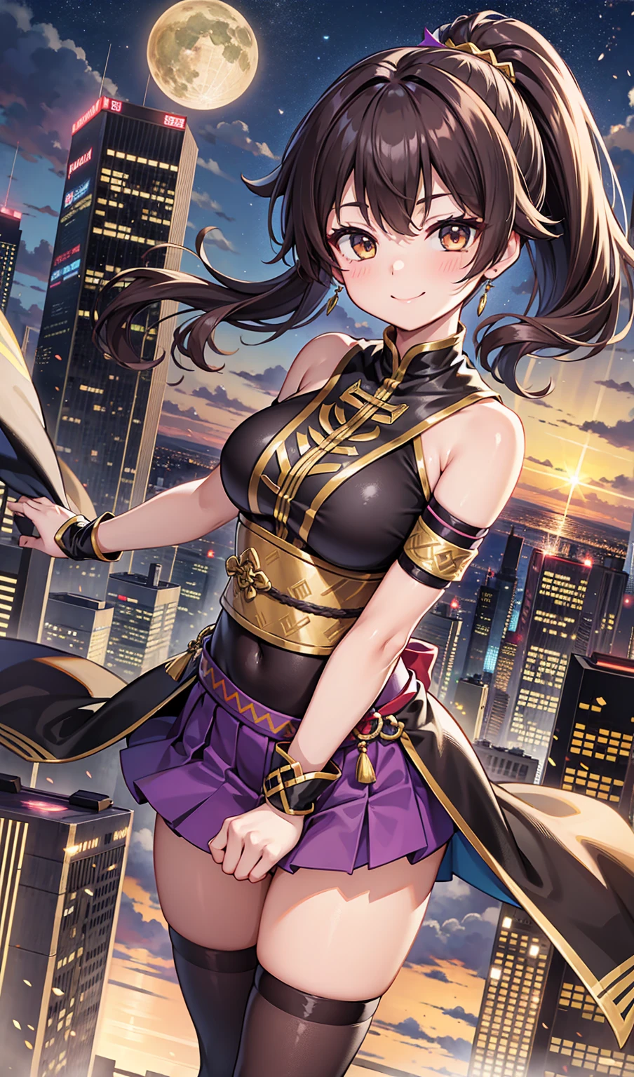 woman。smile、Cityscape in a fantasy world、Dark brown ponytail、Amazoness、Uplifting、Slightly open legs、Colorful clothing