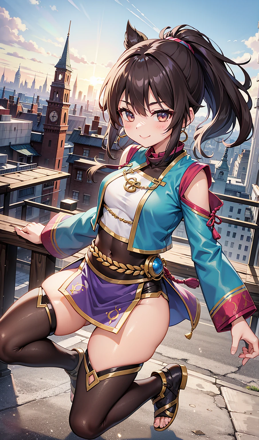 woman。smile、Cityscape in a fantasy world、Dark brown ponytail、Amazoness、Uplifting、Slightly open legs、Colorful clothing