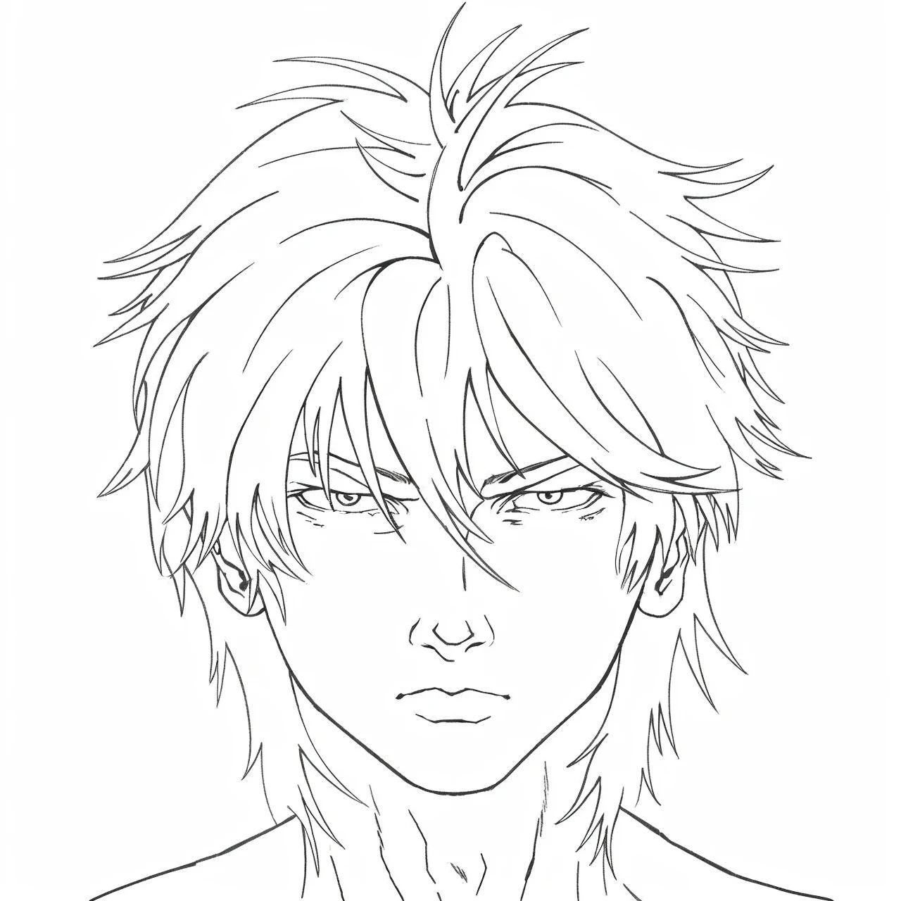 young man with black hair, long to the neck, straight and somewhat tousled, serious, cold and intimidating hunter's gaze, athletic and well-shaped body, wearing a black muscle shirt