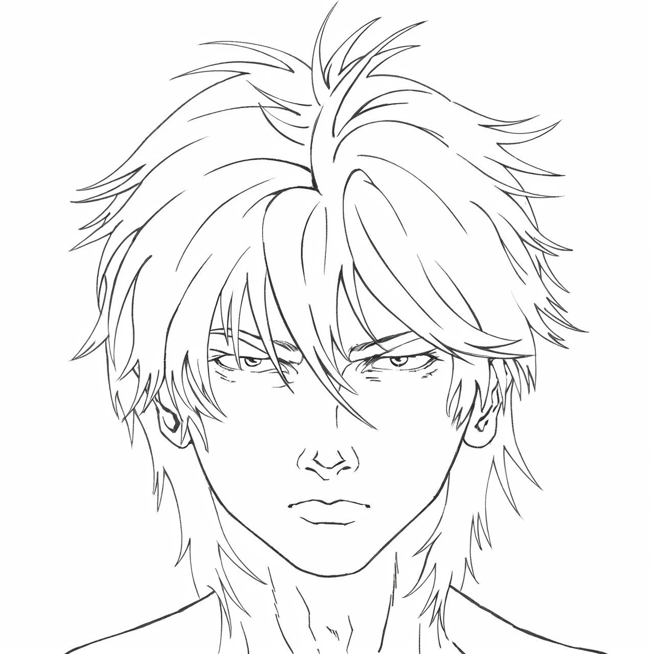 young man with black hair, long to the neck, straight and somewhat tousled, serious, cold and intimidating hunter's gaze, athletic and well-shaped body, wearing a black muscle shirt