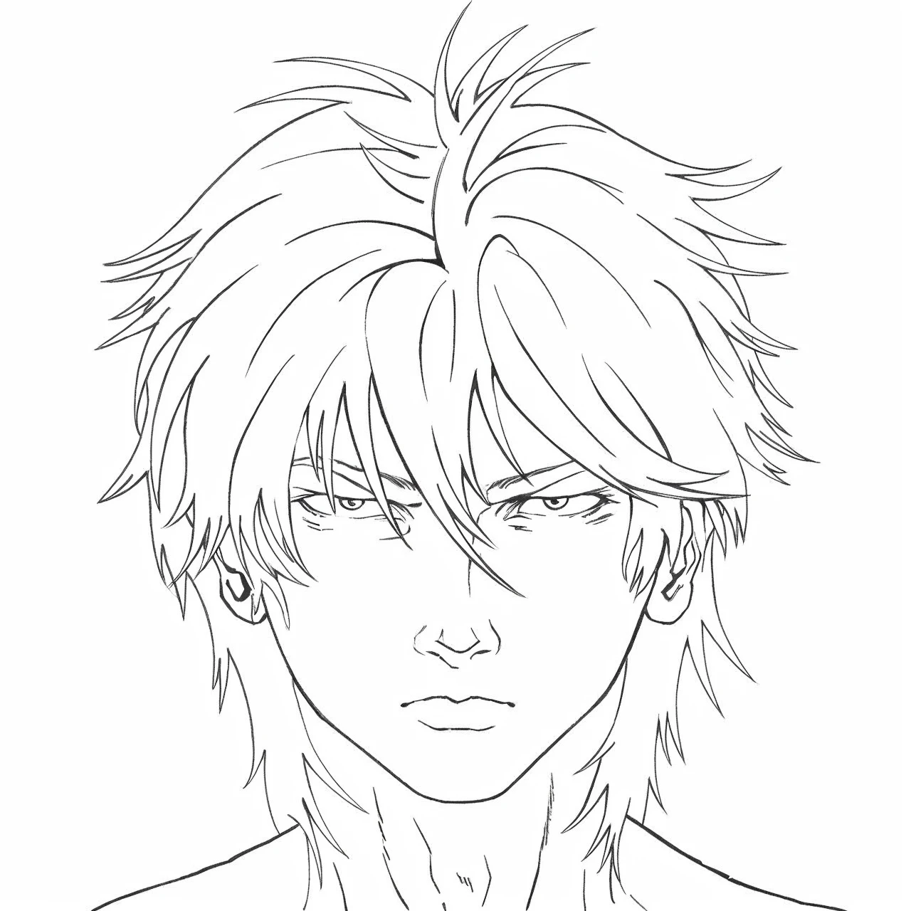 young man with black hair, long to the neck, straight and somewhat tousled, serious, cold and intimidating hunter's gaze, athletic and well-shaped body, wearing a black muscle shirt