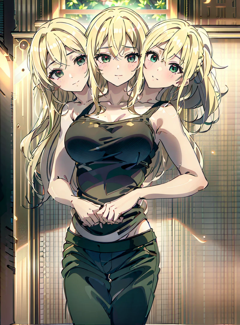 best quality, (masterpiece),(ultra-detailed), (high quality), (high resolution), ((3heads:1.5)), best quality:1.5, highres, UHD, 16K), smiling, highres, masterpiece, ((blonde hair:1.5)), (long hair), blushing, ((cinematic particles)), cowboy shot, ((top tank top)), green shorts, sharp looking eyes,, headband