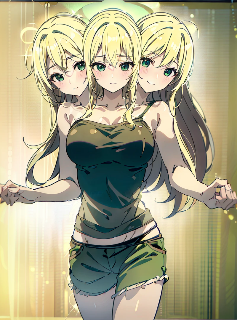 best quality, (masterpiece),(ultra-detailed), (high quality), (high resolution), ((3heads:1.5)), best quality:1.5, highres, UHD, 16K), smiling, highres, masterpiece, ((blonde hair:1.5)), (long hair), blushing, ((cinematic particles)), cowboy shot, ((top tank top)), green shorts, sharp looking eyes,, headband