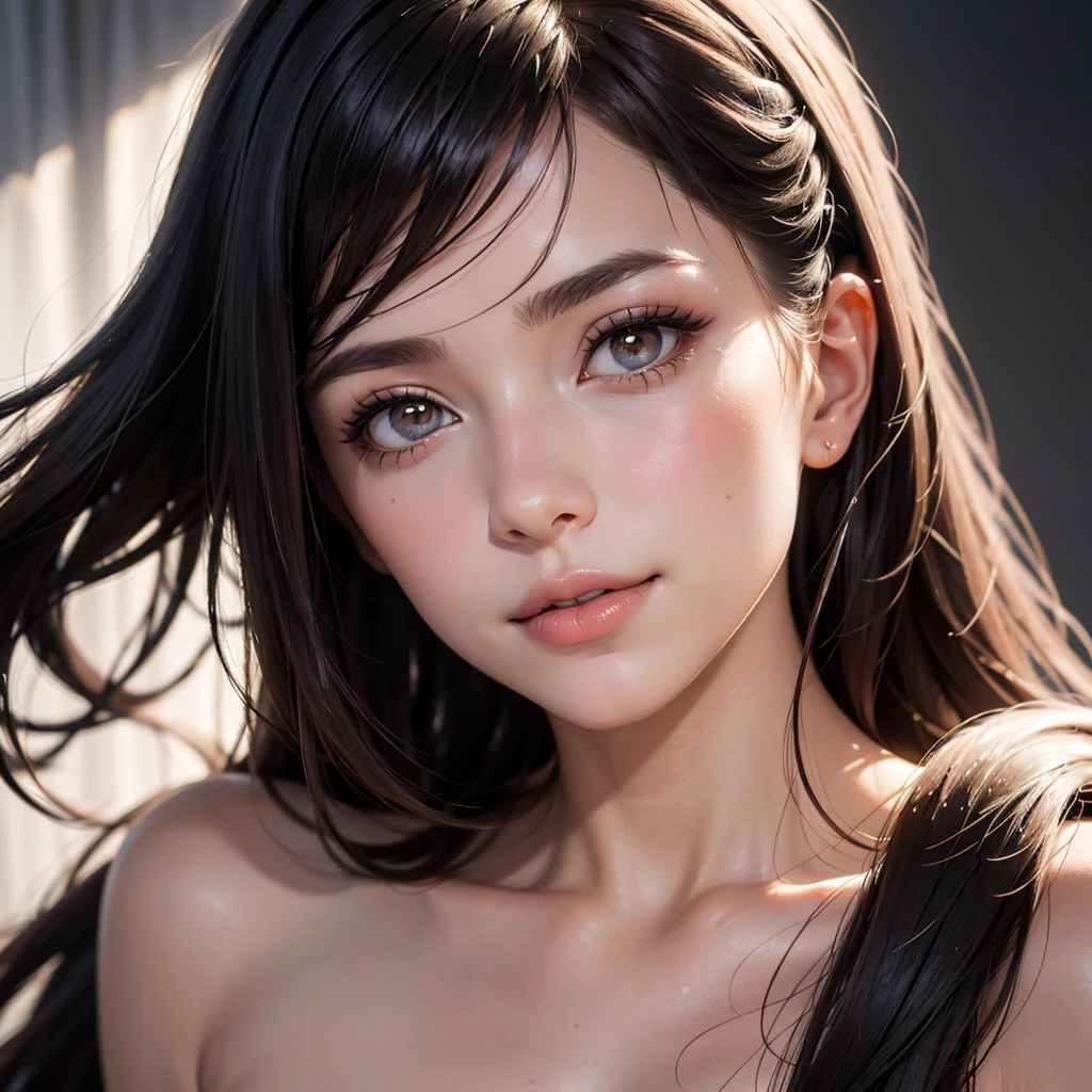 Soft portrait of a beautiful woman, flowing dark hair, captivating gaze, elegant features, radiant smile, feminine beauty, subtle makeup, striking eyes, long lashes, graceful posture, stylish attire, soft shadows, warm skin tones, detailed portrait, realistic style, high-resolution, delicate lighting, digital painting, by Sofia Bonati, Behance.