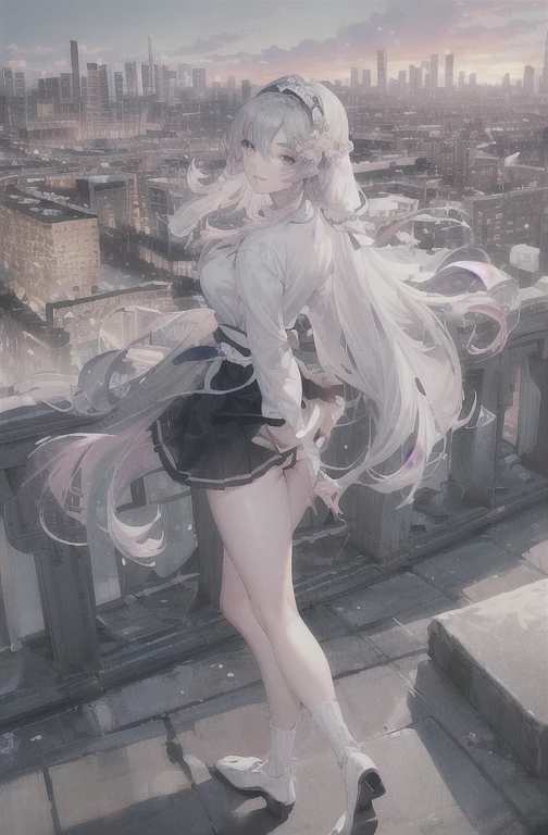 Official Art, masterpiece, Clear focus, (Beautiful, gorgeous and lovely Korean woman:1.3), (Beautiful and cute Korean:1.3), Korean beauty, Exquisite and beautiful hair、Eyes and face, Practical, Extremely detailed, beautiful girl, Blue sky, Glowing white particles, (Side Light:1.2), Sunlight, White Cloud, Detailed clouds, slim, Very cute big boobs and big butt, Smile with teeth bared, ((Smile with your eyes, Open your eyes)), landscape, Long and straight hair, Sexy facial expressions, architecture, (city View:1.7), Dynamic Hair, very Long and straight hair, Detailed platinum silver hair, Green eyes, (Pink Pleated Shirt + skirt), White socks, Pale skin, Hair accessories, epic landscape,Short skirt,Nice butt,Beautiful buttocks