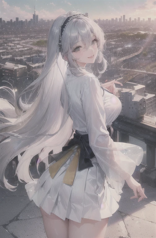 Official Art, masterpiece, Clear focus, (Beautiful, gorgeous and lovely Korean woman:1.3), (Beautiful and cute Korean:1.3), Korean beauty, Exquisite and beautiful hair、Eyes and face, Practical, Extremely detailed, beautiful girl, Blue sky, Glowing white particles, (Side Light:1.2), Sunlight, White Cloud, Detailed clouds, slim, Very cute big boobs and big butt, Smile with teeth bared, ((Smile with your eyes, Open your eyes)), landscape, Long and straight hair, Sexy facial expressions, architecture, (city View:1.7), Dynamic Hair, very Long and straight hair, Detailed platinum silver hair, Green eyes, (Pink Pleated Shirt + skirt), White socks, Pale skin, Hair accessories, epic landscape,Short skirt,Nice butt,Beautiful buttocks