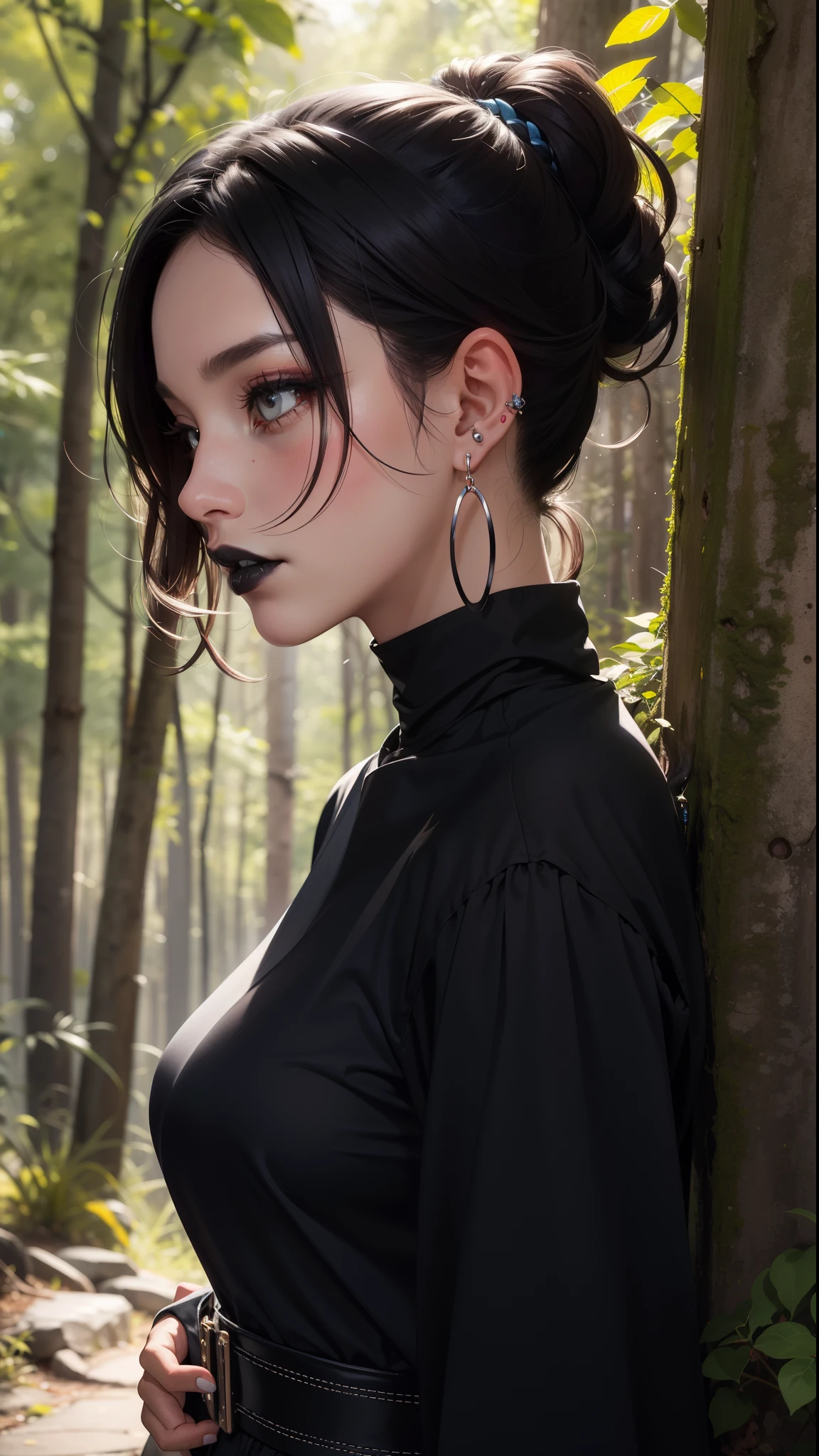 work:1、Highest quality、超High resolution、8K、High resolution、High resolution、RAW、(High resolution)、(Reality:1.2)、1 Black women(Aphrodite)、in the forest、Black women、Functional、Sophisticated woman、red、Large Breasts、Dark Hair、Visually or visually noticeable、Earrings、Black Face、Protruding cheeks、黒いEarringsの目、Black lipstick marks、Black lipstick marks、Black lipstick marks、profile。