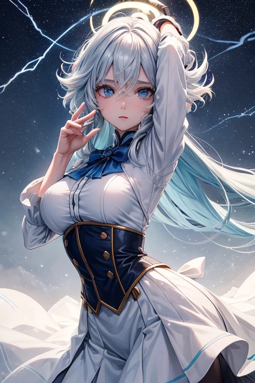 personagem feminina com cabelos curtos e brancos como a neve, whose eyes shine with the color of the sky before a storm. Ela possui o poder de controlar o ar, navigating the skies with dexterity and manipulating storms and winds with a simple gesture. poses sedutoras, roupas curtas, diversas poses