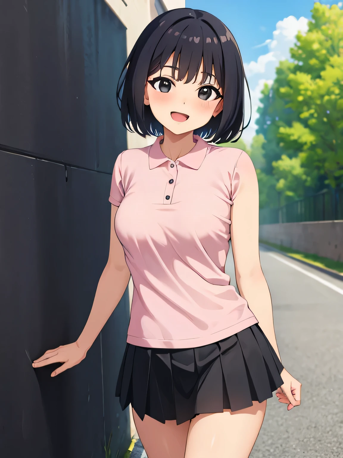One woman, blush, Smiling front open mouth, Short Hair, Black Hair, Feel Small Breasts Pubic Hair 8k, Very detailed, 16k, (naked), Outdoors, Walking, Black Eyes, Pink Polo Shirt, Black Skirt, Skirt Pulled Up