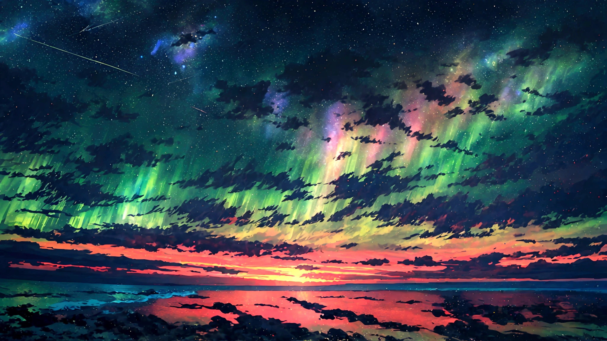(Soaring:1.1), (meteor:1.2), (comet:1.1), Low Angle, Alola Northern Lights, meteor, best quality, masterpiece, cloud, rich and colorful, Southeast Asian beaches, summer, Sea view, Small Island々