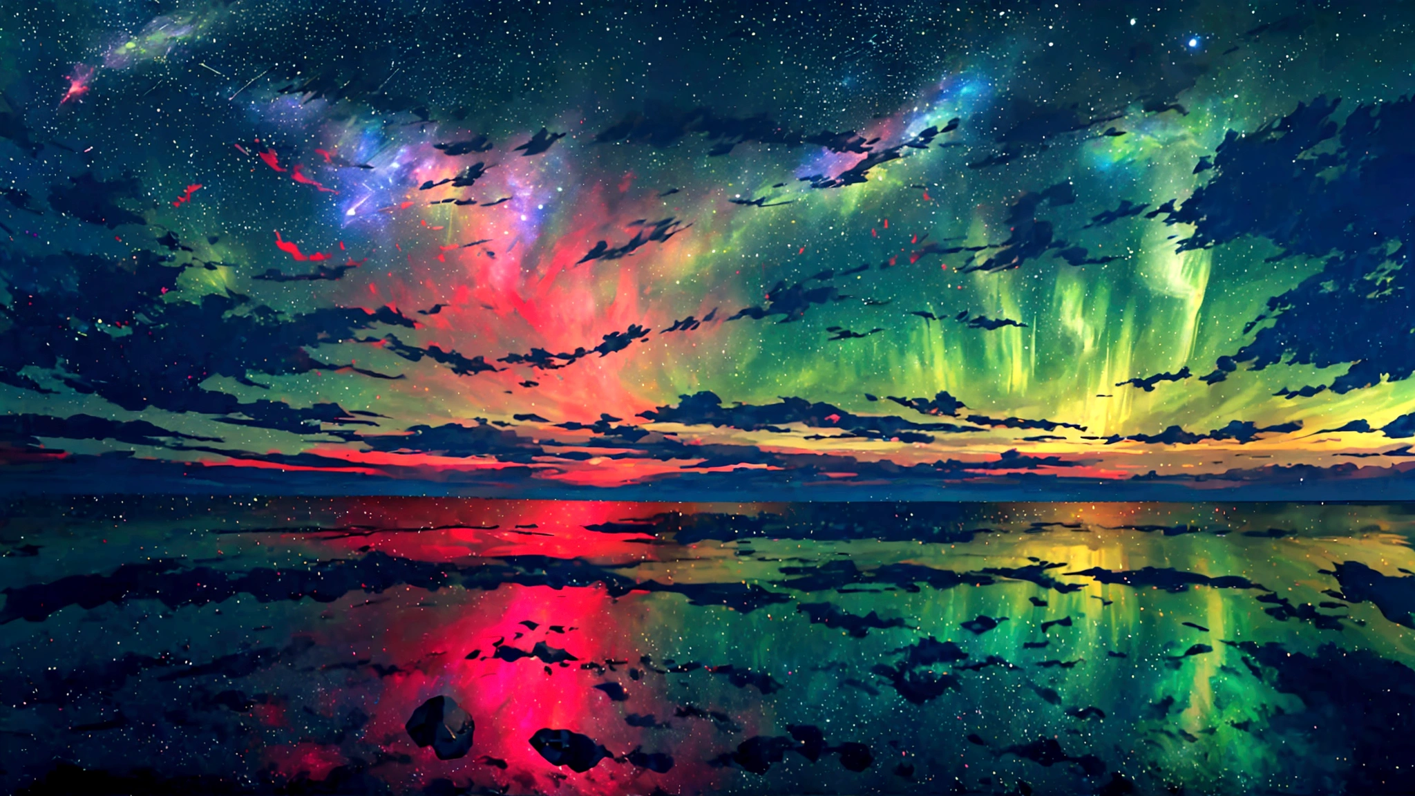 (Soaring:1.1), (meteor:1.2), (comet:1.1), Low Angle, Alola Northern Lights, meteor, best quality, masterpiece, cloud, rich and colorful, Southeast Asian beaches, summer, Sea view, Small Island々