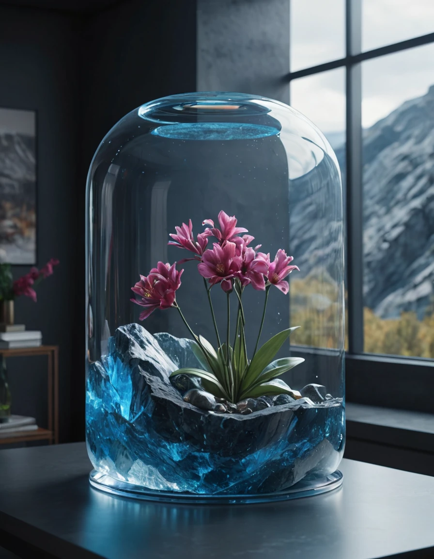 ultra realistic 8k cg, flawless, clean, masterpiece, professional artwork, famous artwork, cinematic lighting, cinematic bloom, (((photo raw)), background), a large clear  glass futuristic  container with a messhall inside, blue  rock