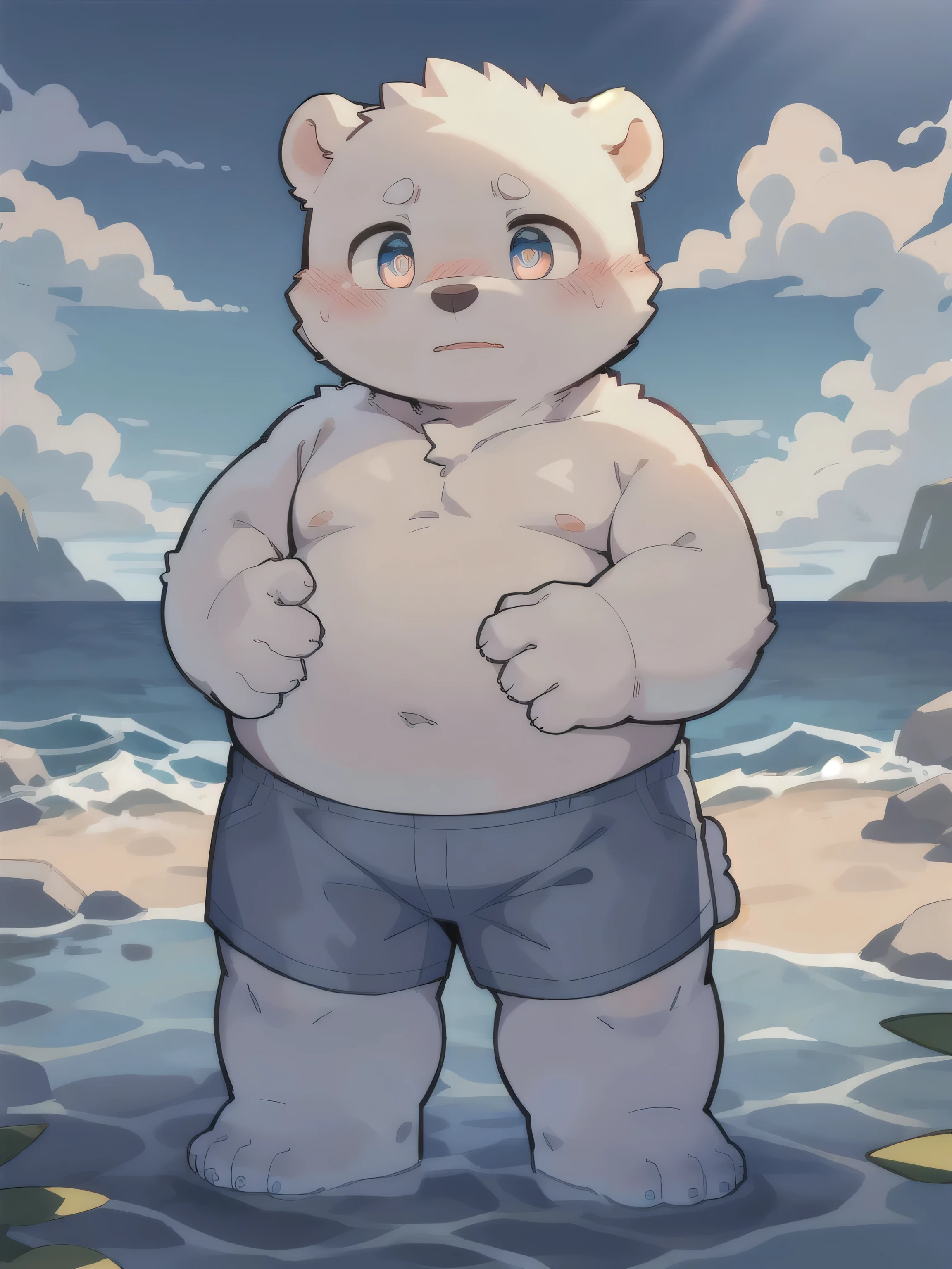 masterpiece, best quality, Perfect anatomical structure, Bright Eyes, Big watery eyes, Provided by RUHU1145, hairy, polar bear, fur(trigger:0.3), Boys，Solitary，blush，Shy，light blue shorts，Beach Scene，Standing in the sea，Feet touching water，Blue sky，(Chubby body)，Pink nipples