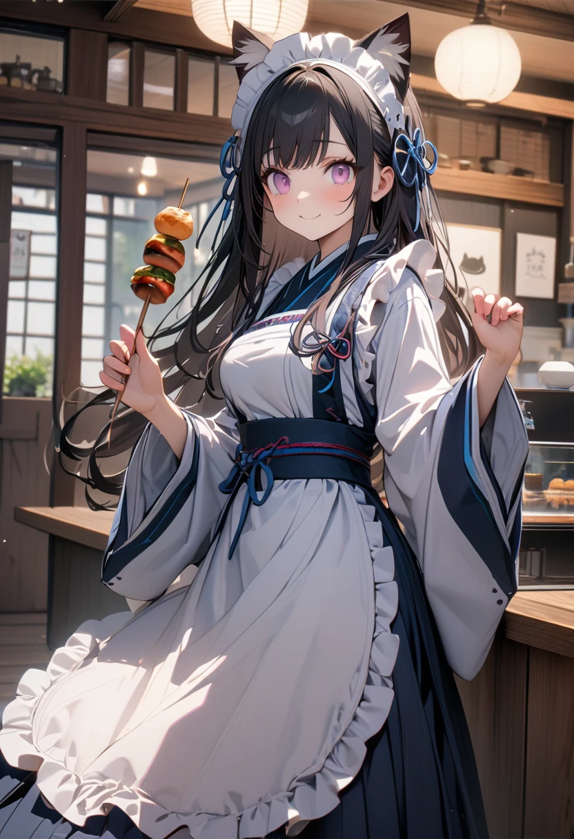 (8K, best quality, master piece: 1.2), super high resolution,1 beautiful girl,ultra-detailed face, deep detailed eyes,(holding a skewered dumpling),standing,Maid outfit dress, cat ear catsuit,head dress,pink eyes, black hair, long hair,medium breasts,white ?????, Navy Blue hakama skirt,wa maid,kimono,wide sleeves,frilled apron,lace trim,Navy Blue ribbon accents,smile,wooden floor ,indoors Japanese cafe
