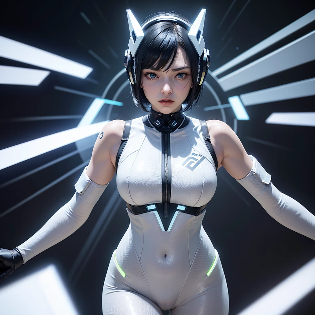 ((of the highest quality)), ((master piece)), (detail:1.4), Translucent white material with mechanical parts and transparent skin, Beautiful woman in cyber bodysuit made of gray carbon material, Glowing pale with LEDs, Ticker (High dynamic range), Ray tracing, NVIDIA RTX, Super Resolution, Subsurface Scattering PBR Texturing, Post-processing, Anisotropy Filtering, depth of fields, Surface Shading, Accurate simulation of light/Material Interactions, perfectly proportions, Two-tone lighting, Wide aperture, Low ISO, White Balance, 8K, NSFW, (((cyber headgear))), 25 year old woman, Cyber headgear with dull glowing LEDs, knee high, Dull bangs beautiful short hair, ((Cyber hood with dull glowing LEDs)), beautiful short black hair, beautiful blue eyes, angry face, Beautiful body, Simple and minimalistic space
