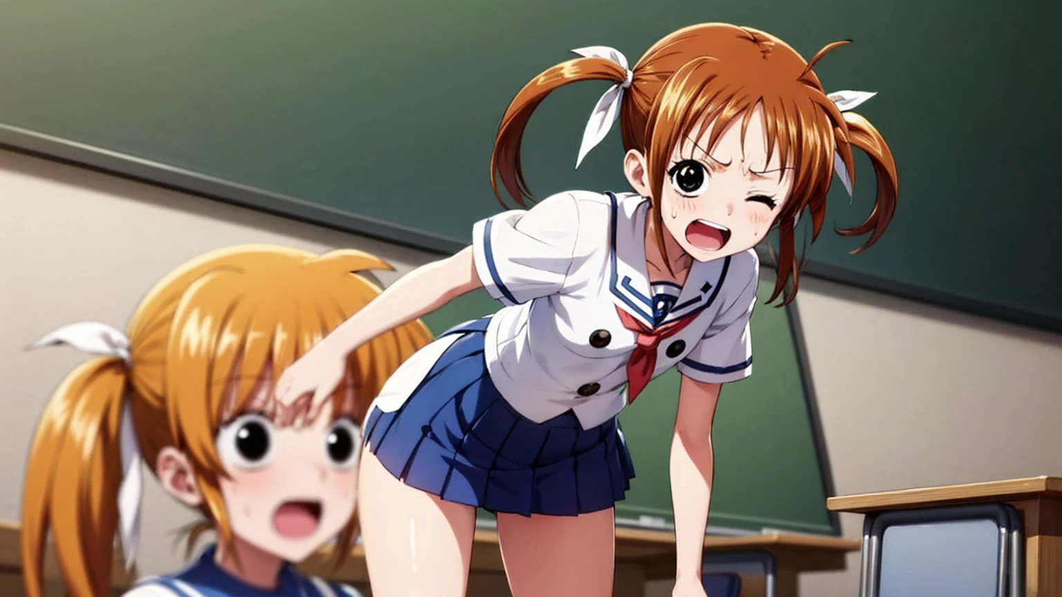 Highest quality,Highest quality,One girl,10 years old,Mouth closed,orgasm,blush, Sweat,Nanoha Takamachi,Takamati Nanoha,Twin tails,Hair Ribbon,((One Piece Uniform:1.3)),classroom、White panties、Squat、Look at this、skirt