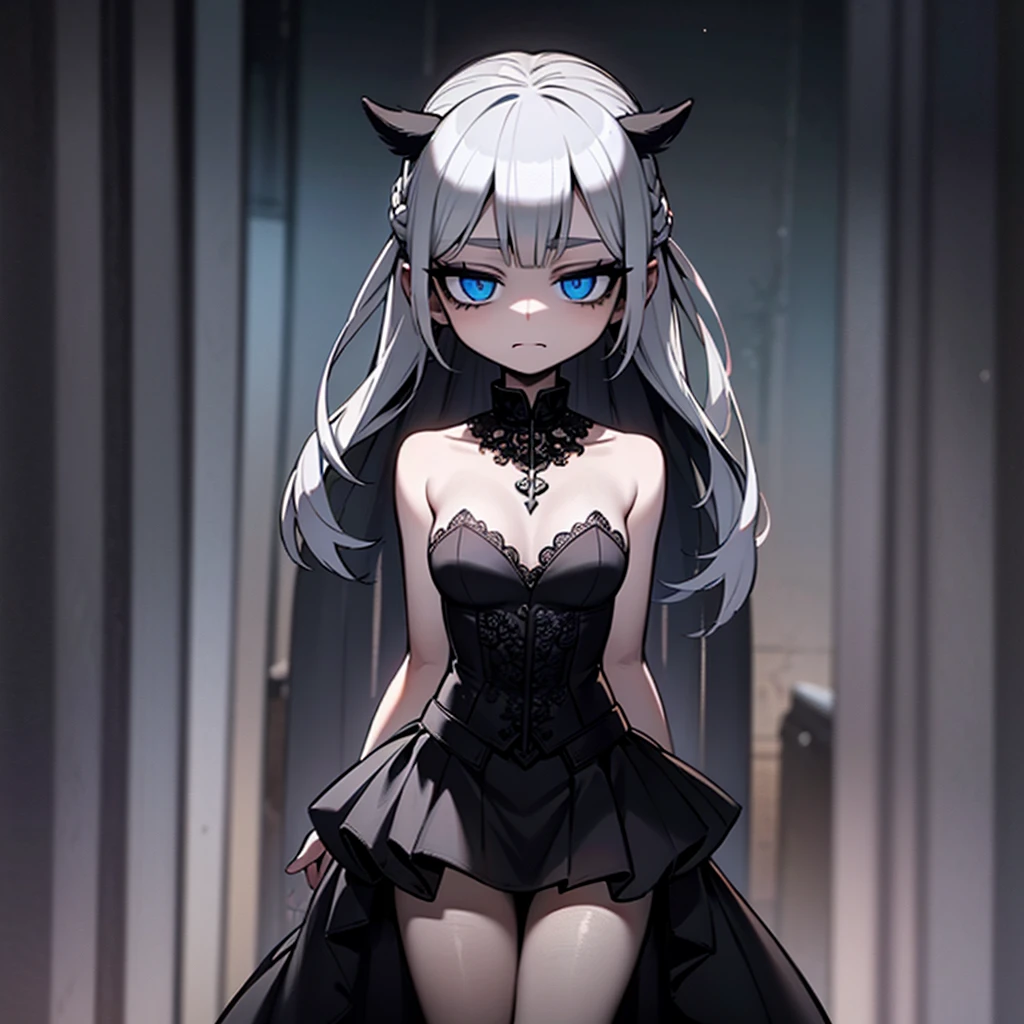 silver hair, dog ears, white dress,wavy hair,delicate features quiet gaze,beautiful half body illustration,beautiful backgraund,atmospheric lighting,sharp focus,vlumetric lighting,cute face,reduce saturation,fine detailed face,small nose and mouth,volumetric top lighting,bold line painting, soft shadow,((masterpiece, best quality)), (1girl), (solo), (female focus),small breasts,flat tits,Lolita,short height,skinny girl,blue eyes,open legs