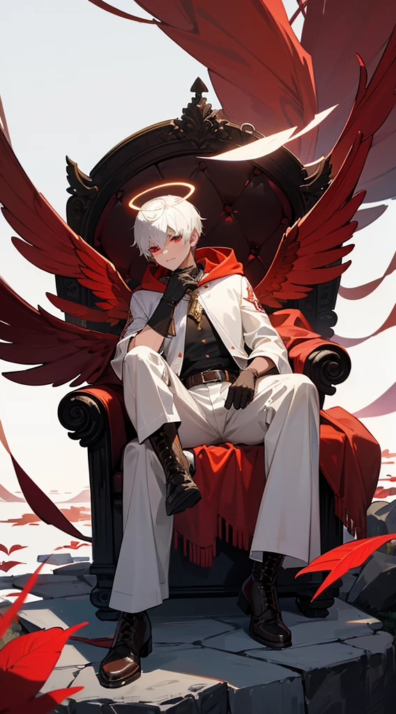 Handsome man, white hair, very short hair, ((crew cut: 1)), red eyes, fair skin, ((muscular: 1)), male, 28 years old, wearing white hoodie, gold and silver details, brown leather shawl , baggy pants, gray boots, black and brown belts, black boots, brown gloves, lots of belts, angel wings, six wings, black wings, ((perfect wings)) demon horn, demonic form, angel form, half and half, angel of chaos, halo on the back, holy light element, shadow element of corruption. sitting, muscular, sexy man, sitting on a rock, background forest, black trees, trees with red leaves