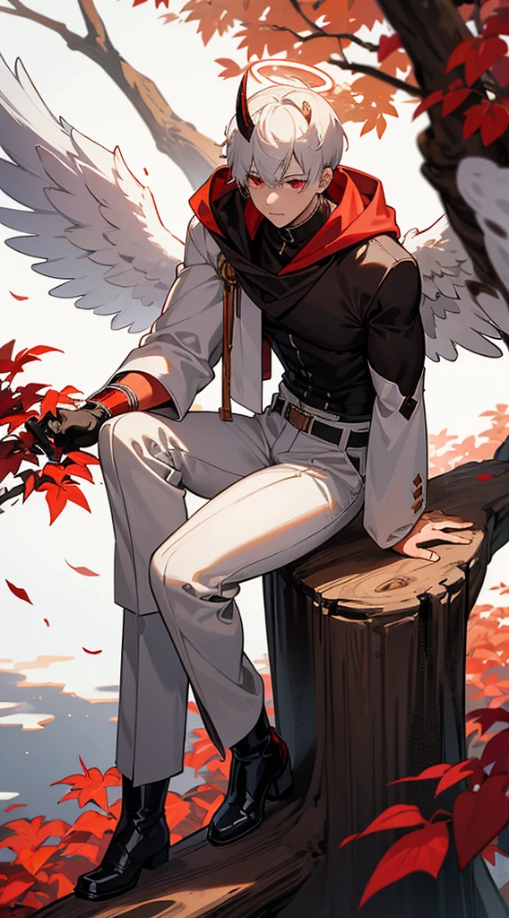Handsome man, white hair, very short hair, ((crew cut: 1)), red eyes, fair skin, ((muscular: 1)), male, 28 years old, wearing white hoodie, gold and silver details, brown leather shawl , baggy pants, gray boots, black and brown belts, black boots, brown gloves, lots of belts, angel wings, six wings, black wings, ((perfect wings)) demon horn, demonic form, angel form, half and half, angel of chaos, halo on the back, holy light element, shadow element of corruption. sitting, muscular, sexy man, sitting on a rock, background forest, black trees, trees with red leaves