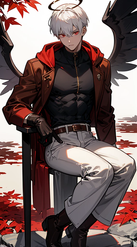 Handsome man, white hair, very short hair, ((crew cut: 1)), red eyes, fair skin, ((muscular: 1)), male, 28 years old, wearing white hoodie, gold and silver details, brown leather shawl , baggy pants, gray boots, black and brown belts, black boots, brown gloves, lots of belts, angel wings, six wings, black wings, ((perfect wings)) demon horn, demonic form, angel form, half and half, angel of chaos, halo on the back, holy light element, shadow element of corruption. sitting, muscular, sexy man, sitting on a rock, background forest, black trees, trees with red leaves