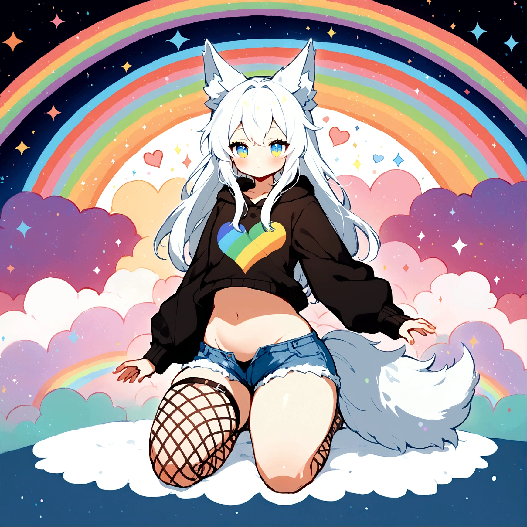 a cute adult male with wolf ears, long white hair, long locks, has a wolf tail, wearing a loose cropped black hoodie, wearing a pair of denim short shorts and fishnet stockings, thick thighs, wide hips, relaxing on mound of fluffy multi colored kawaii plushies, short, very slim, showing slender tummy, heart on hoodie, squishy thighs, has glowing blue eyes. alone, solo (ALONE)(SOLO), surrounded by rainbows, colorful galaxy backround