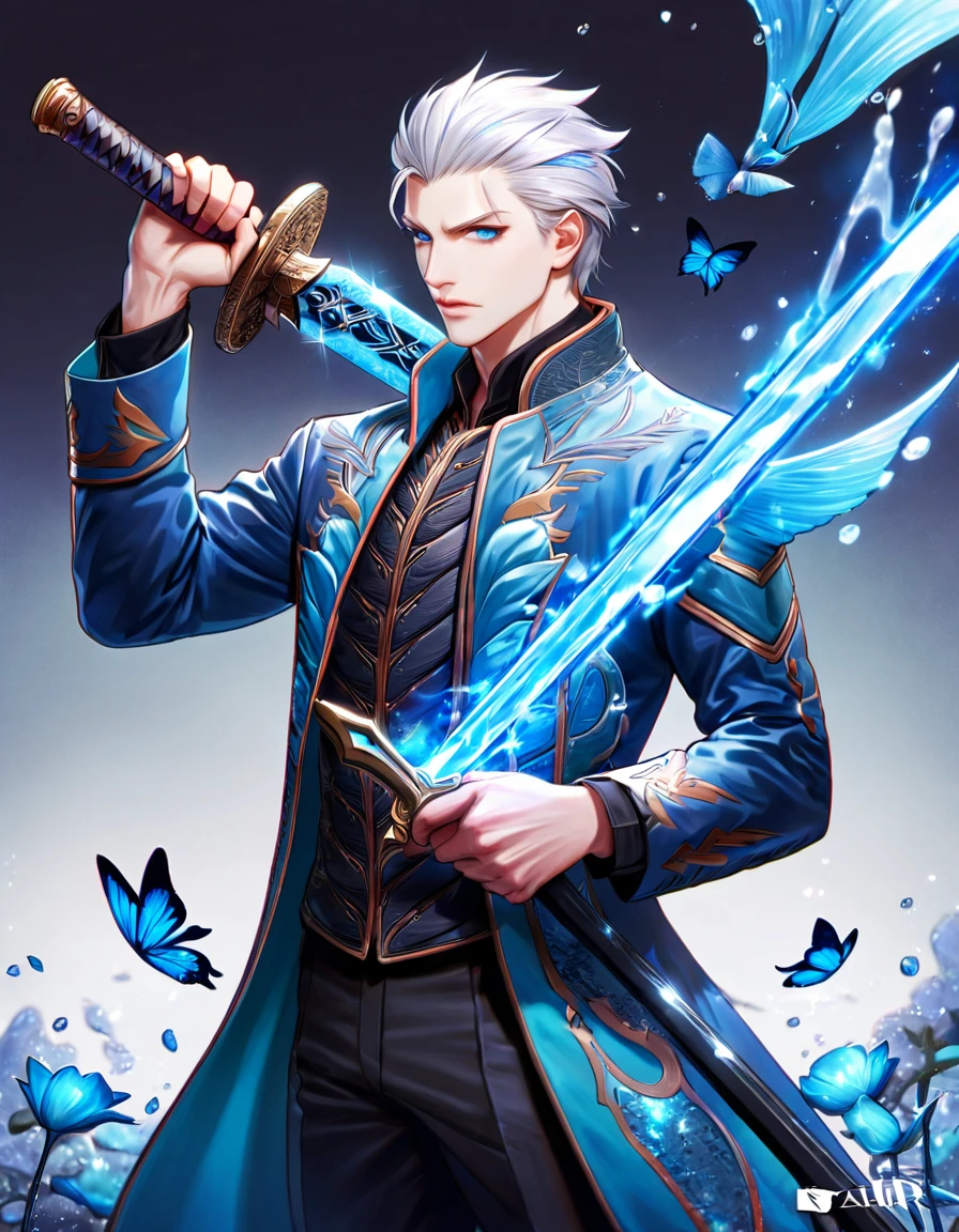 absurdres, highres, ultra detailed, HDR, master piece, best quality, Vergil, white hair slicked back, expressive blue eyes, devil may cry, solo, man holding a sword, handsome, blue coat, black shirt, black pants, magical, fantasy, shining, blue flowers, blue moon, blue butterflies, blue petals, water