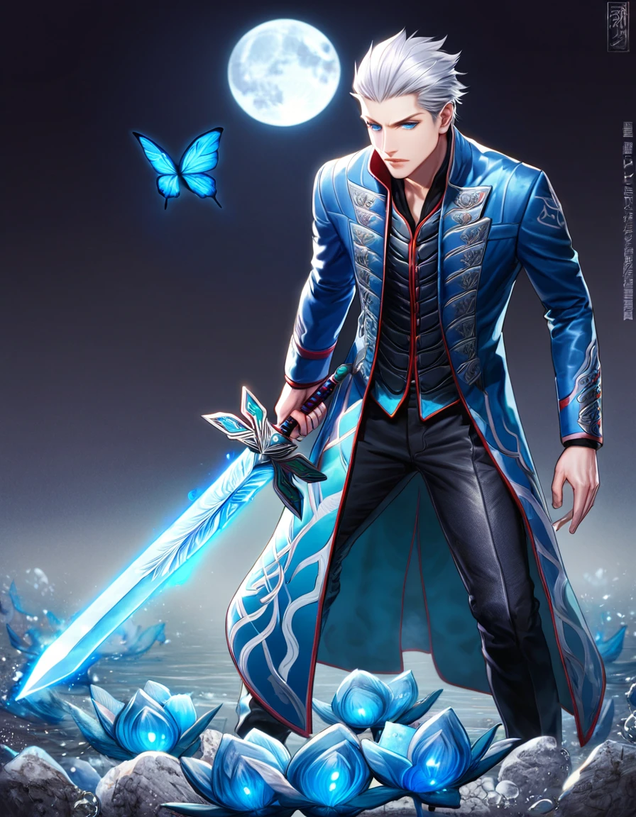 absurdres, highres, ultra detailed, HDR, master piece, best quality, Vergil, white hair slicked back, expressive blue eyes, devil may cry, solo, man holding a sword, handsome, blue coat, black shirt, black pants, magical, fantasy, shining, blue flowers, blue moon, blue butterflies, blue petals, water