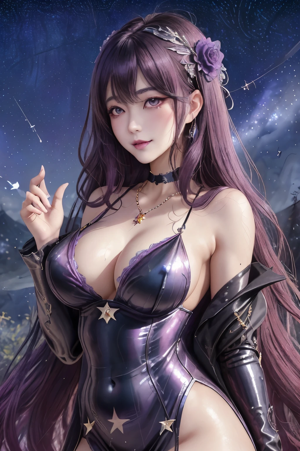 (Fatal Beauty,魅力的なevil役,witch) ,(A supple and powerful physique),(Sensual charm),(Mysterious charm:1.1),(Captivating silhouette)、((((big sapphire necklace))))、(Highest quality,High resolution:1.2),(((Countless stars fly away:1.5),(Absurd:1.5),(wonderful:1.5))),(((Big Breasts))),(((Muscular:1.1))), cute face, Sexy Face, , Very detailedな美しい女の子, (Ideal body type:1.8), Very detailed faceexpressive lips, (so beautiful、Crisp big eyes:1.5), Fine skin., All features are shown in detail., The outline of the fingers is 美しいly drawn....., The nose is precisely shaped., expressive lips, Perfect Anatomy,cute、Realistic、(Front view:1.4),(Face Focus:1.3), realistic girl rendering, 8k artistic german bokeh, Enchanting girl, Real Girls, Gurwitz, Gurwitz-style artwork, Girl Roleplay, Realistic 3D style,  cgstation Popular Topics, 8K Portrait Rendering,(truth，truth：1.4),Sexy Body,( Very lean body:1.6),Sexy pose, blush, Attractive body, Very curly hair, Purple Curly Hair, very big hair, Very curly hair, prime color,Esoteric arachnids lady, Spider Queen Elise, League of Legends, Esoteric arachnids, Combat Stance, ( The body is made of metallic mauve and metallic black liquid metallic paint.、It beautifully depicts the female form.。), Long, sharp fangs, nature, ((Complex metallic colors in the foreground)), (( Fluid Mechanics, The most beautiful smooth scale face makeup, Smirking expression)) - Dark blood, Onyxia、Noir painting of a beautiful young witch, Long purple hair, dark purple lips, evil, evil female, smile, Black Prom Dress, She is coming to you, close, Bright Blue Eyes, Surrounded by swirling pink smoke, Genuine, High detail,Urban,Very detailed,masterpiece,Intricate details,Faded,Very detailed, Eye on the details,Intricate details,Dark and spooky atmosphere, spiritual being, Unforgettably beautiful, Ghostly figures, Shadow-like shape, Spooky whispers, Ominous Aura, Goth Maiden, 