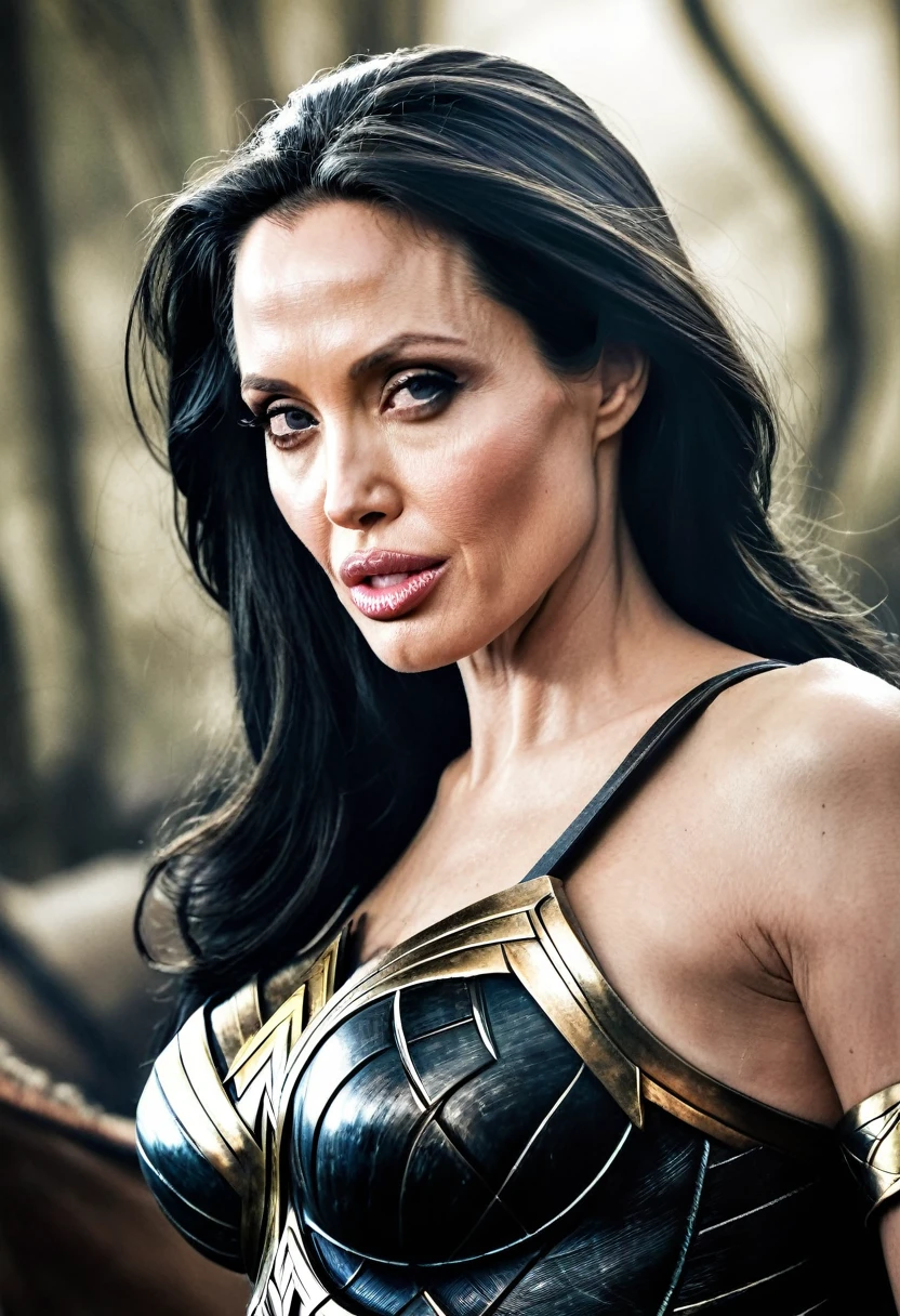 (((Very close up (((Humano Real))),(((Angelina Jolie))),under the mantle of the Amazon warrior Wonder Woman long black hair cinematic surreal image HD))),(((imagenes color Splash)))