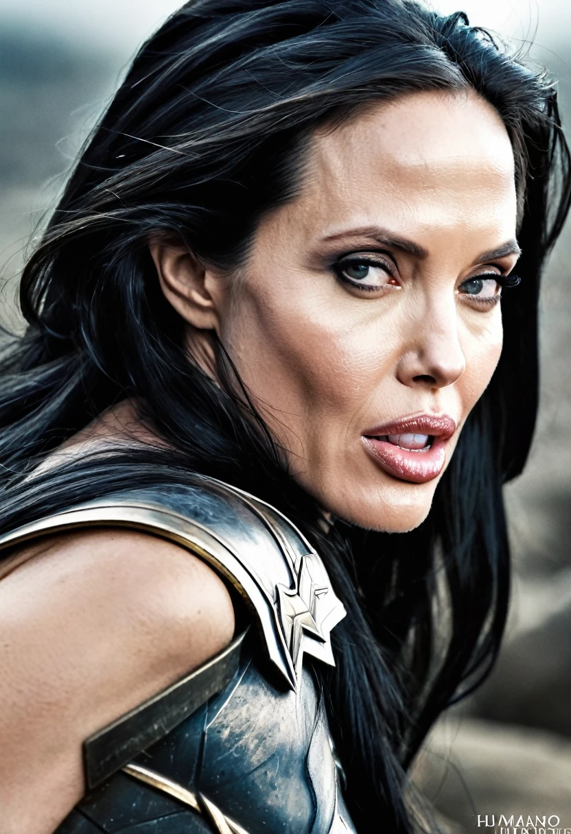 (((Very close up (((Humano Real))),(((Angelina Jolie))),under the mantle of the Amazon warrior Wonder Woman long black hair cinematic surreal image HD))),(((imagenes color Splash)))