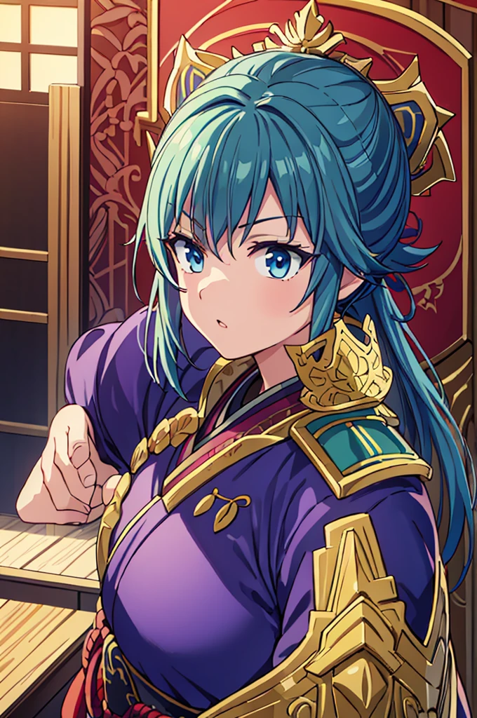 Highest quality, masterpiece, High resolution, alone, (Fire Emblem: Ardan),(Fire Emblem: Genealogy of the Holy War),(short_Hairstyle),Japanese sword,kimono,Great armor、Shogun,(armor), ((Roaring‗Facial Expressions)) ,(Purple ‗ Battle Coat),(green_Hair Color),Young Girl,Anime Style, Highest quality, 4k, masterpiece,, alone, 1,whole body,looking at the camera, Shinkai Makoto style, Sharp Eyes,(Full Finger), (Accurate fingertips), (The finer details), (Anatomically correct), (Movie Background), Hyper Detail, (Subtle details), (Intricate details),
