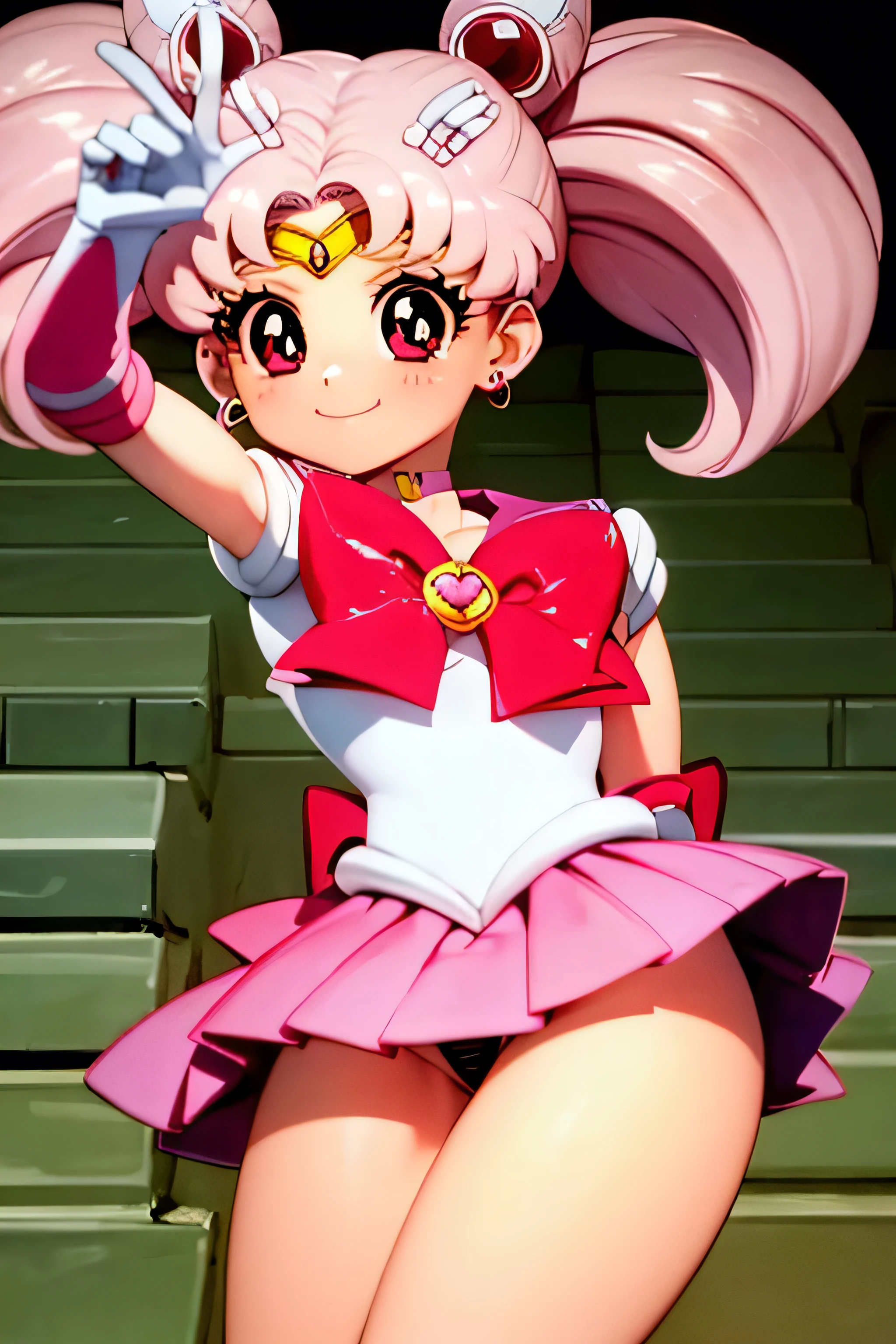 masterpiece, best quality, absurdres, perfect antomy, 1girl, solo, SMMoon, 1990s \(style\), sailor chibi moon pink hair, pink pupils eyes, climbing the stairs up, close-up, smile, cowboy shot, sailor senshi uniform pink, pink sailor collar, Pink pleated skirt, elbow gloves, in back pose, show her booty, backwards, no thong on big booty, full body, aausagi, close-up booty, POINT OF VIEW DOWN TO UP, ( NO THONG ) BIG BOOTY, Voyeur Upskirt Thong (twintails hairstyle)