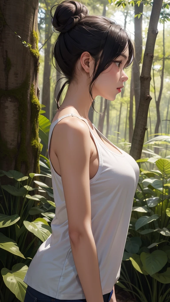 (masterpiece、Highest quality)、One girl、One girl、Black Hair、Dark Skin、Hair Bun、Dark Skinの女性、Double dango、profile、Upper Body、White tank top、Large Breasts、in the forest。