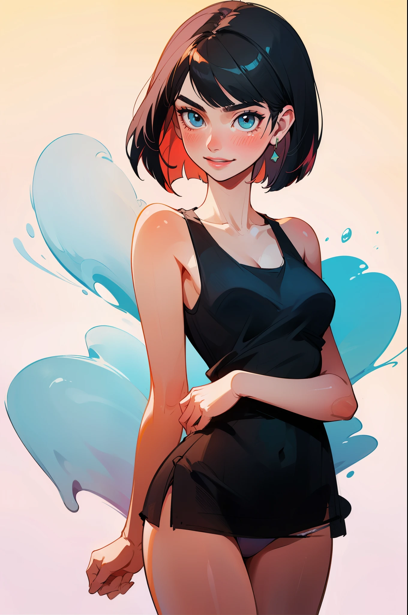 Amazing cowboy shot of a sexy woman wearing her black bob cut hair, seductively gazing and smiling, soft lips, blushing intensely, white tank top, panties , medium chest, perfect body, simple background, Nicole Kidman