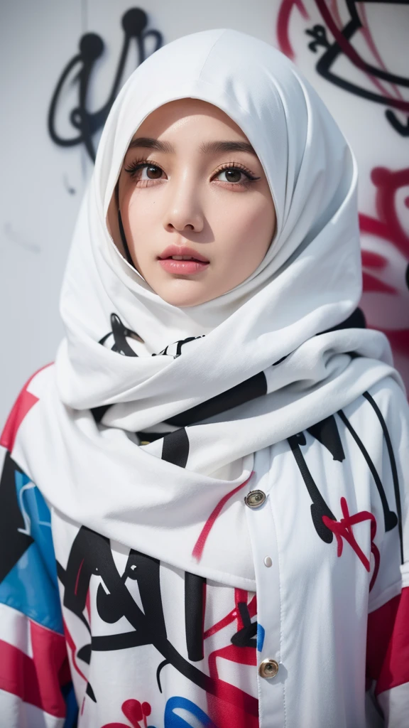 ,1girl, solo, pretty face, eyelashes, nose, glossy lips, (detailed eyes, looking at viewer, fair skin, white skin: 1.5), smooth skin, wearing hijab, 8k portrait of beauty in hijab, intricate, graceful, highly detailed, majestic, digital photography, hyper realistic, Masterpiece, Best Quality, All parts of the body except the face and hands are covered with clothing, Tudung, ((do not let the hair come out of the hijab)), full hijab, ((all parts of the body covered by clothes except the face)), Best Quality, (graffiti:1.5), paint splatter, jacket, On wall, paint can, looking at viewer, head slanted, clothing color palestine flag, (Wear a cyberpunk hooded military uniform), cyberpunk city