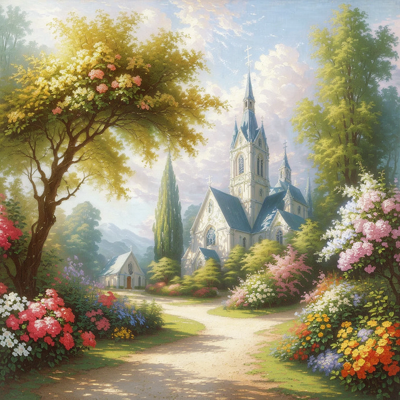 a painting of a church in a garden with flowers and trees, pintura de igreja, igreja na madeira, em uma paisagem serena, tomas kinkade, scenery art, uma bela paisagem, paisagem celestial, peaceful scene, breathtaking masterpiece of art, romantic landscape, igreja ao fundo, (((Thomas Kinkade))), aldeia russa, peaceful landscape, bela pintura, Thomas Kindkade